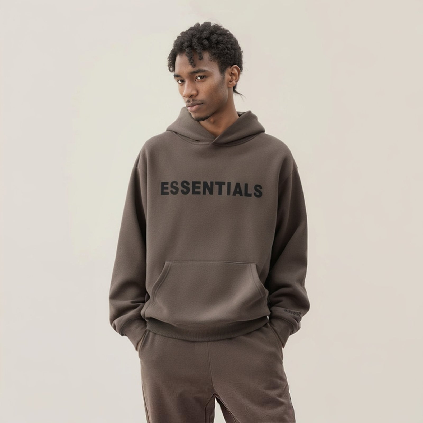 Essentials Hoodie - Cream Oversized Long-Sleeve Pullover Unisex