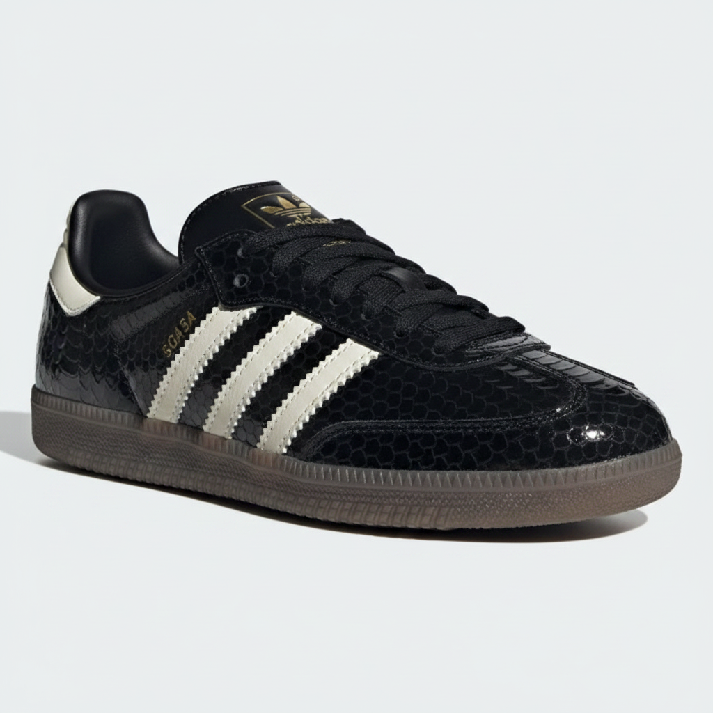 Adidas Samba black patent snakeskin front angle