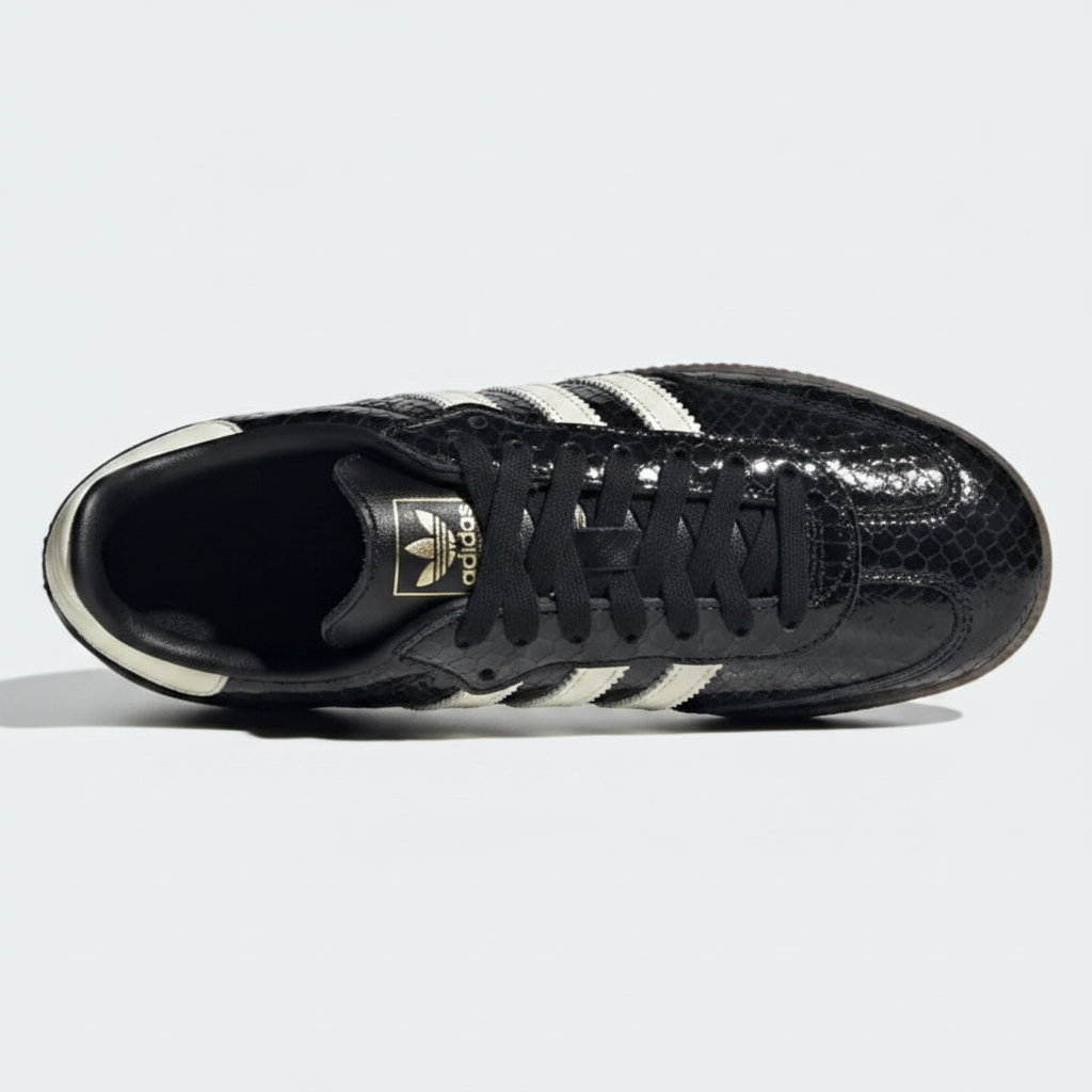Adidas Samba black patent snakeskin top-down view