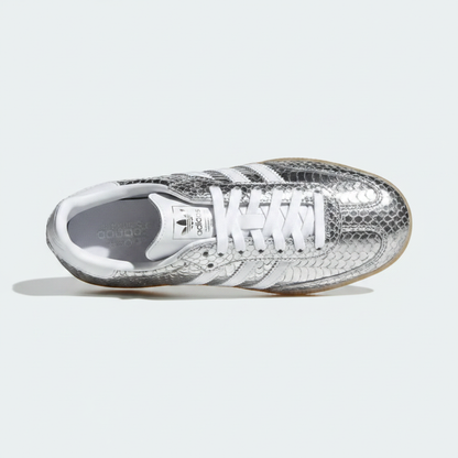 Adidas Samba silver metallic snakeskin top-down view