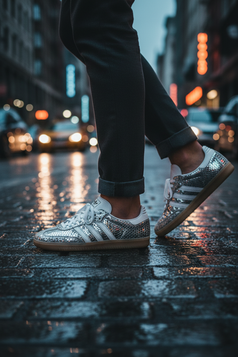 Adidas Samba silver metallic snakeskin lifestyle shot