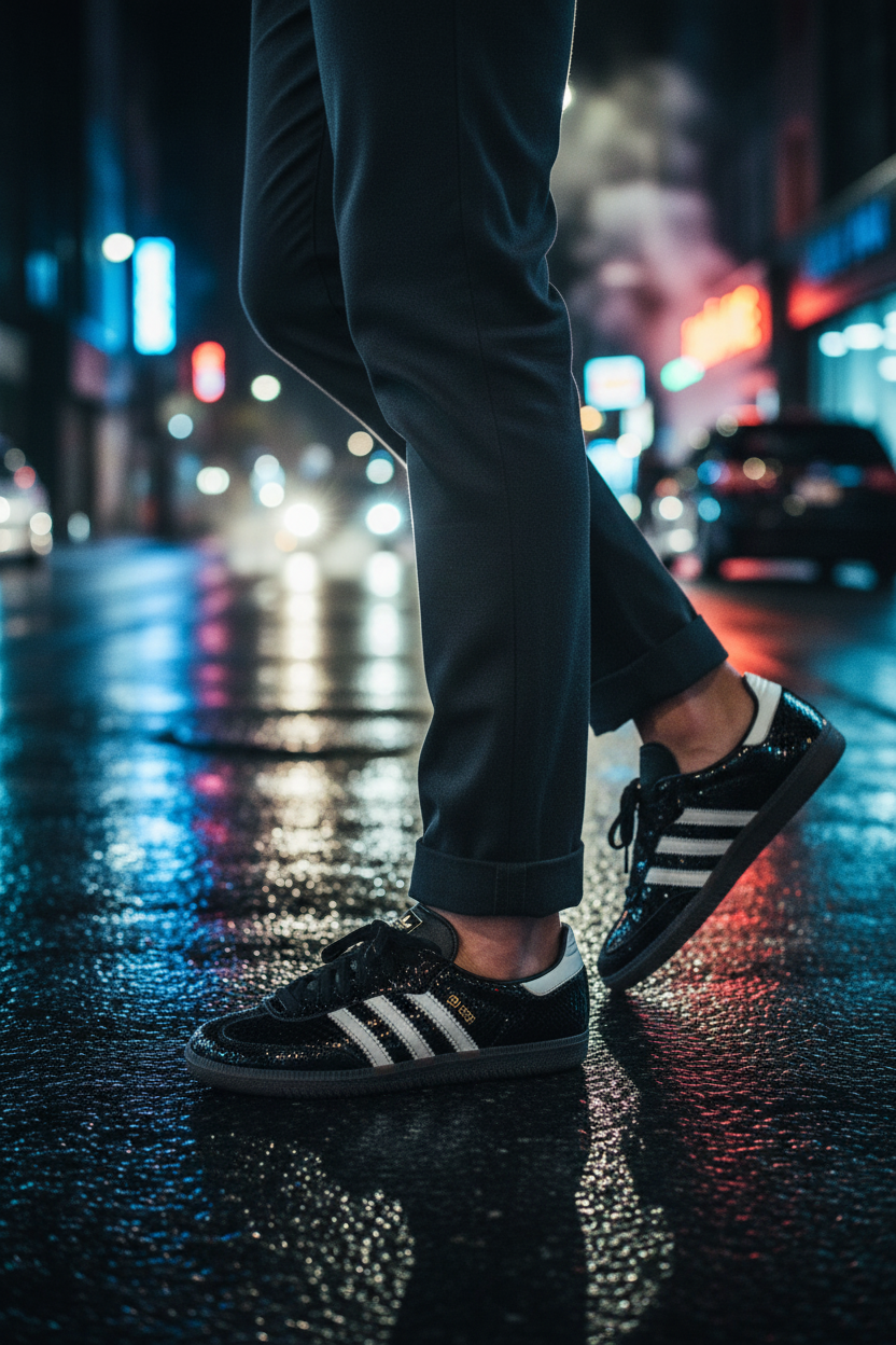 Adidas Samba black patent snakeskin lifestyle shot